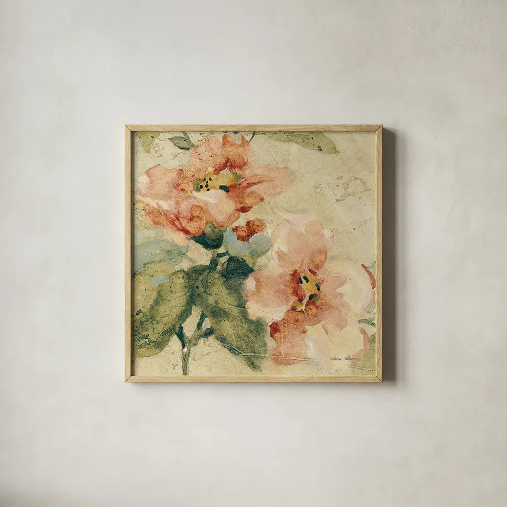 Provence Rose Crop I by Cheri Blum. Shown in a natural wood glass frame for a timeless modern aesthetic. Available as an archival giclee rolled canvas, fine art paper, or poster print. SKU 90753a.