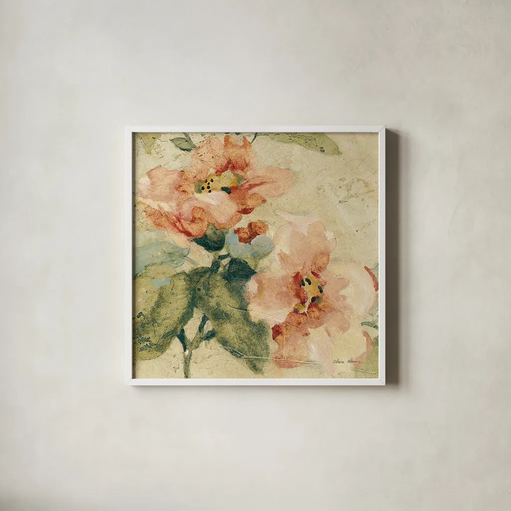 Provence Rose Crop I by Cheri Blum. Shown in a crisp white glass frame for a clean and minimalist style. Available as an archival giclee rolled canvas, fine art paper, or poster print. SKU 90753a.