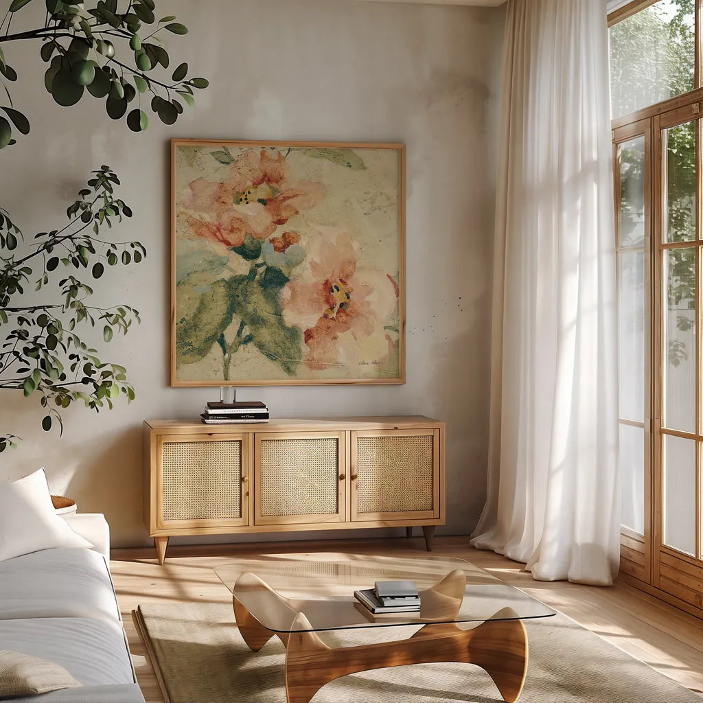 Provence Rose Crop I by Cheri Blum. Shown in a natural wood frame in a cozy modern living room. Available as an archival giclee rolled canvas, fine art paper, or poster print. SKU 90753a.