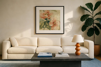 Provence Rose Crop I by Cheri Blum. Displayed in a glass frame with matte in a clean modern living room. Available as an archival giclee rolled canvas, fine art paper, or poster print. SKU 90753a.