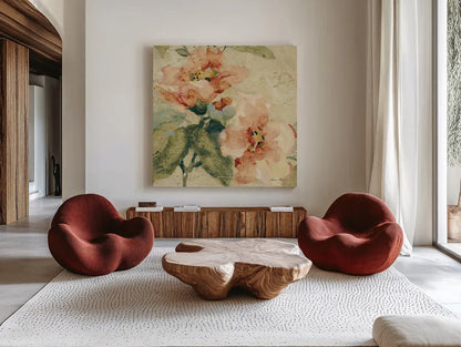 Provence Rose Crop I by Cheri Blum. Shown as extra-large giant wall art in a modern living room. Available as an archival giclee rolled canvas, fine art paper, or poster print. SKU 90753a.