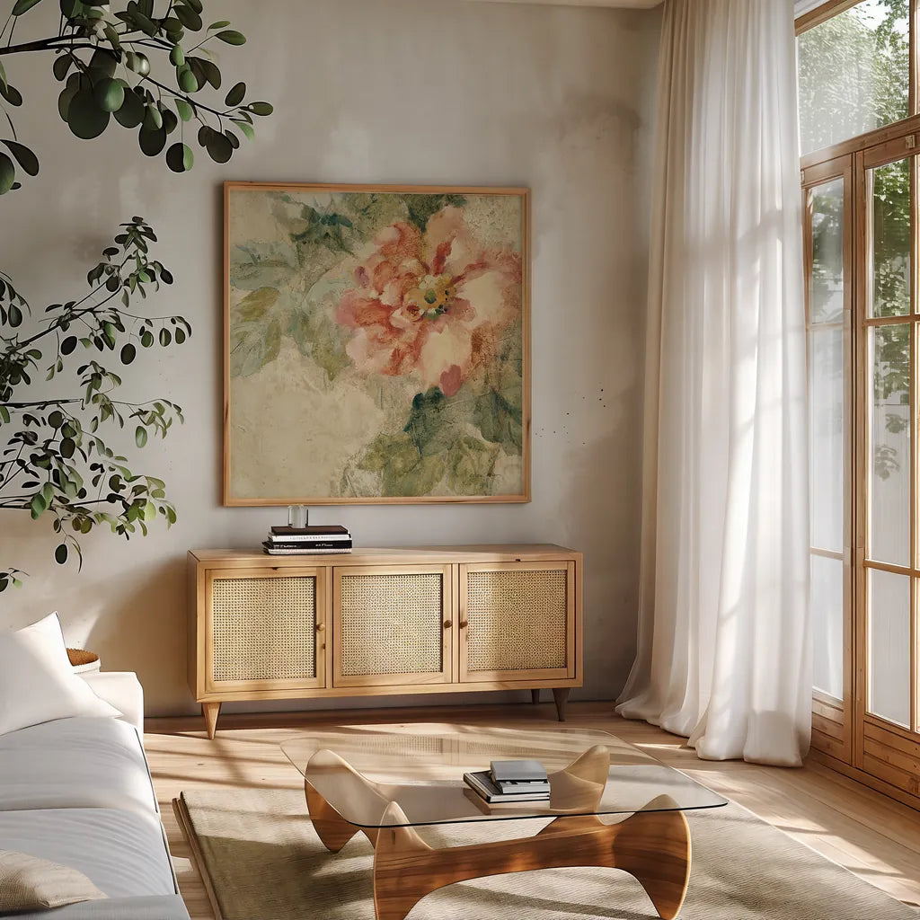 Provence Rose Crop II by Cheri Blum. Shown in a natural wood frame in a cozy modern living room. Available as an archival giclee rolled canvas, fine art paper, or poster print. SKU 90754a.