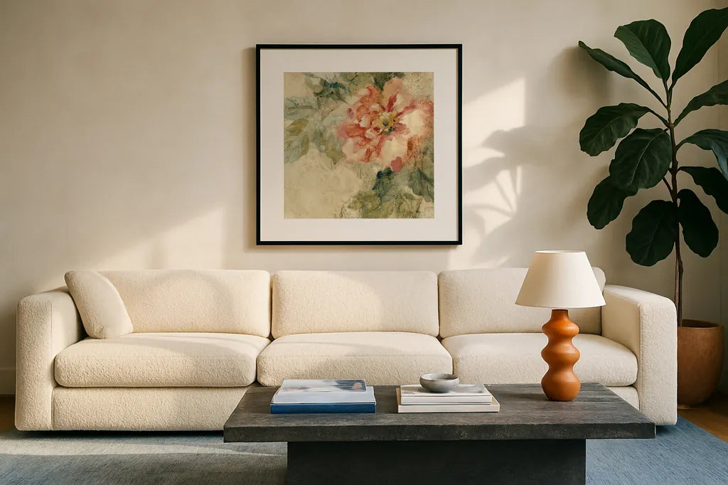 Provence Rose Crop II by Cheri Blum. Displayed in a glass frame with matte in a clean modern living room. Available as an archival giclee rolled canvas, fine art paper, or poster print. SKU 90754a.