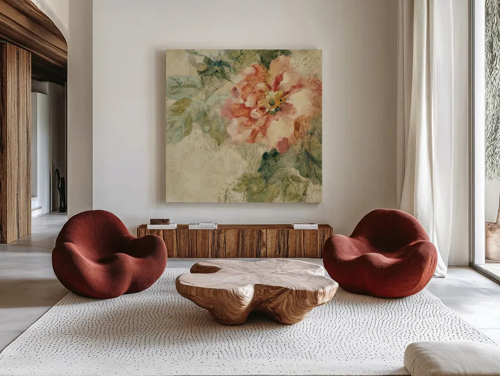 Provence Rose Crop II by Cheri Blum. Shown as extra-large giant wall art in a modern living room. Available as an archival giclee rolled canvas, fine art paper, or poster print. SKU 90754a.