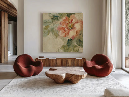 Provence Rose Crop II by Cheri Blum. Shown as extra-large giant wall art in a modern living room. Available as an archival giclee rolled canvas, fine art paper, or poster print. SKU 90754a.