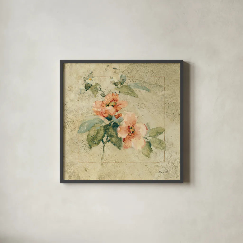 Provence Rose I by Cheri Blum. Shown in a sleek black glass frame for a contemporary gallery look. Available as an archival giclee rolled canvas, fine art paper, or poster print. SKU 8219a.