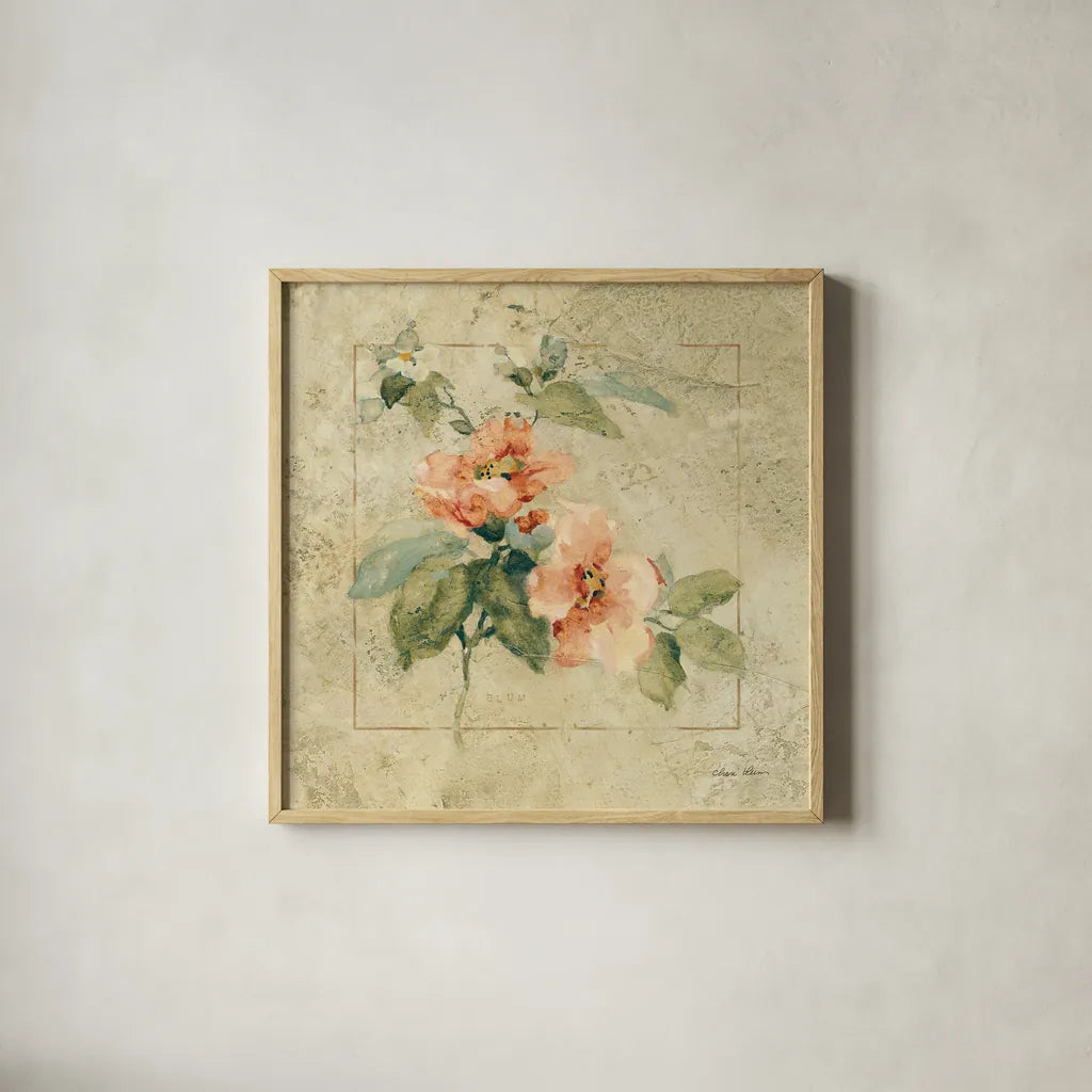 Provence Rose I by Cheri Blum. Shown in a natural wood glass frame for a timeless modern aesthetic. Available as an archival giclee rolled canvas, fine art paper, or poster print. SKU 8219a.