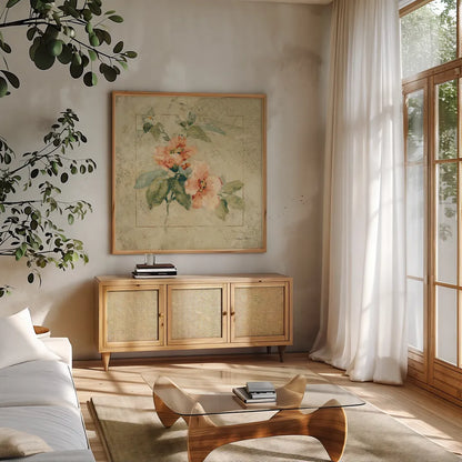 Provence Rose I by Cheri Blum. Shown in a natural wood frame in a cozy modern living room. Available as an archival giclee rolled canvas, fine art paper, or poster print. SKU 8219a.