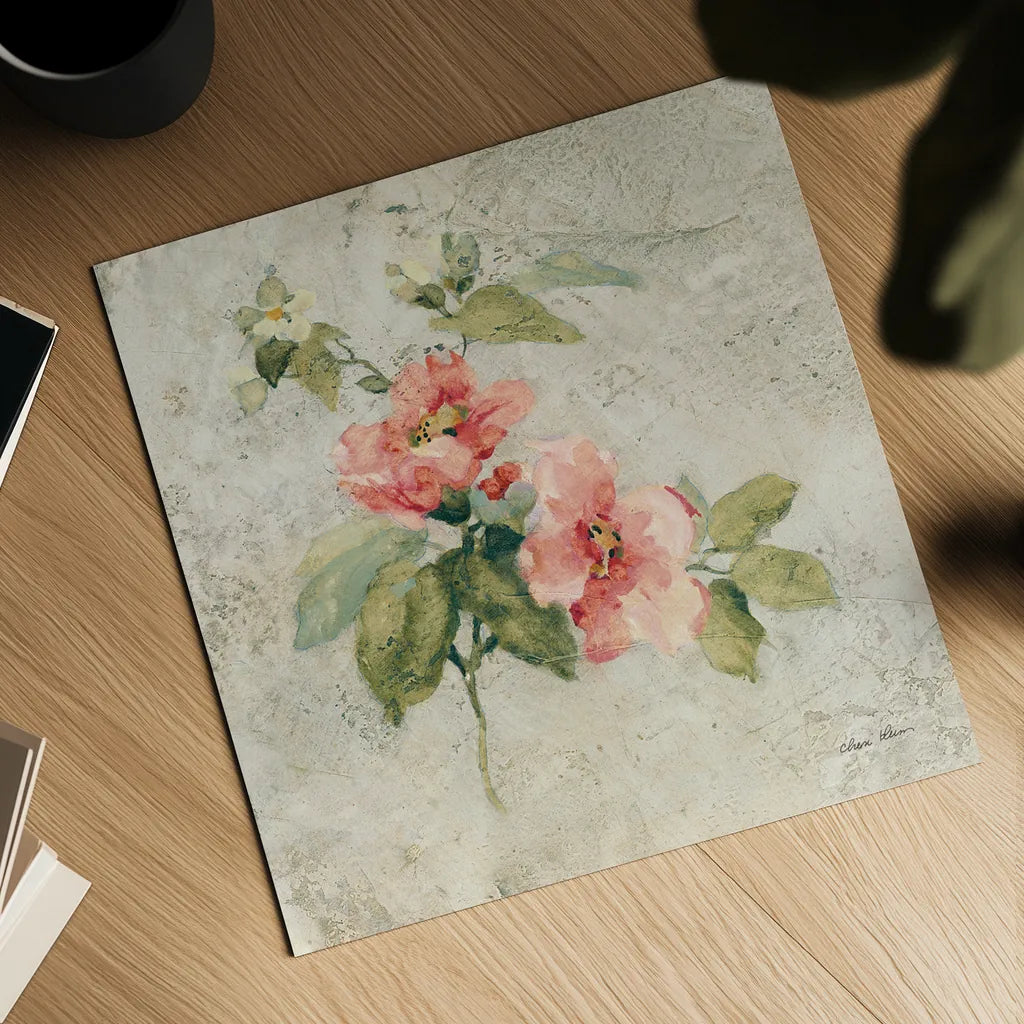 Provence Rose I Red and Neutral by Cheri Blum. Shown as a detailed flat fine art print, highlighting archival giclee quality. Available as an archival giclee rolled canvas, fine art paper, or poster print. SKU 24462a.