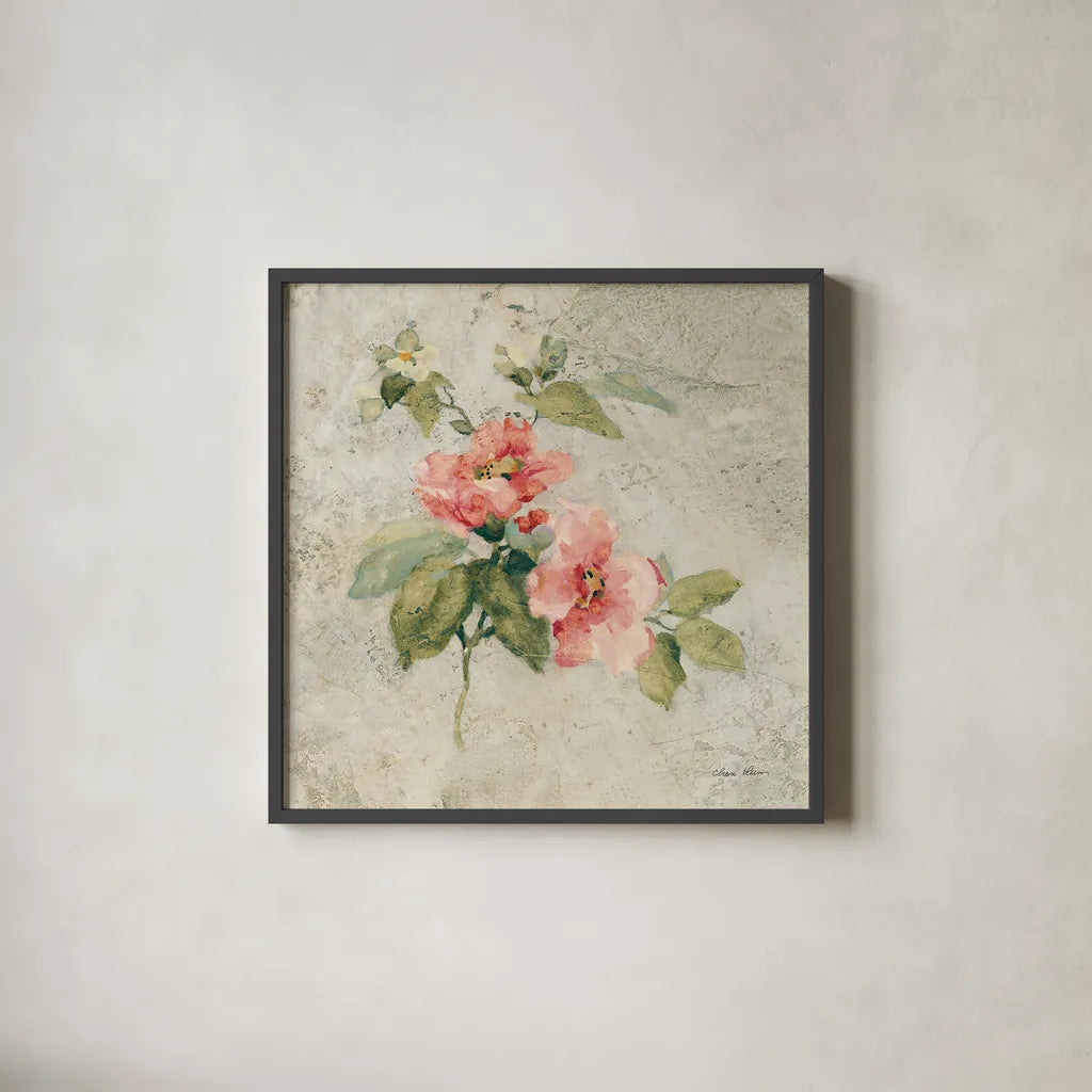 Provence Rose I Red and Neutral by Cheri Blum. Shown in a sleek black glass frame for a contemporary gallery look. Available as an archival giclee rolled canvas, fine art paper, or poster print. SKU 24462a.