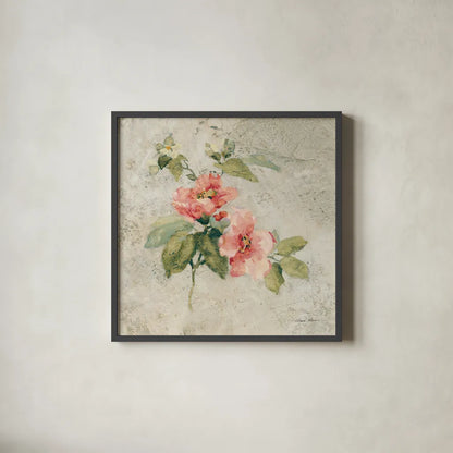 Provence Rose I Red and Neutral by Cheri Blum. Shown in a sleek black glass frame for a contemporary gallery look. Available as an archival giclee rolled canvas, fine art paper, or poster print. SKU 24462a.