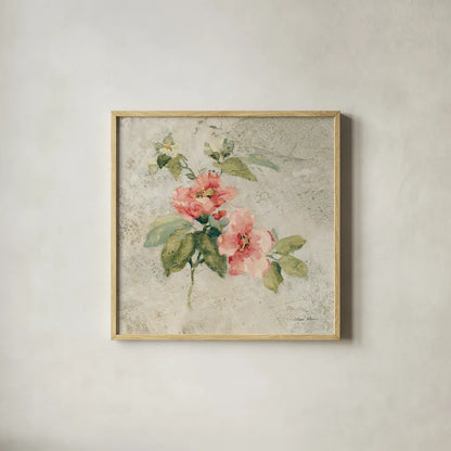 Provence Rose I Red and Neutral by Cheri Blum. Shown in a natural wood glass frame for a timeless modern aesthetic. Available as an archival giclee rolled canvas, fine art paper, or poster print. SKU 24462a.