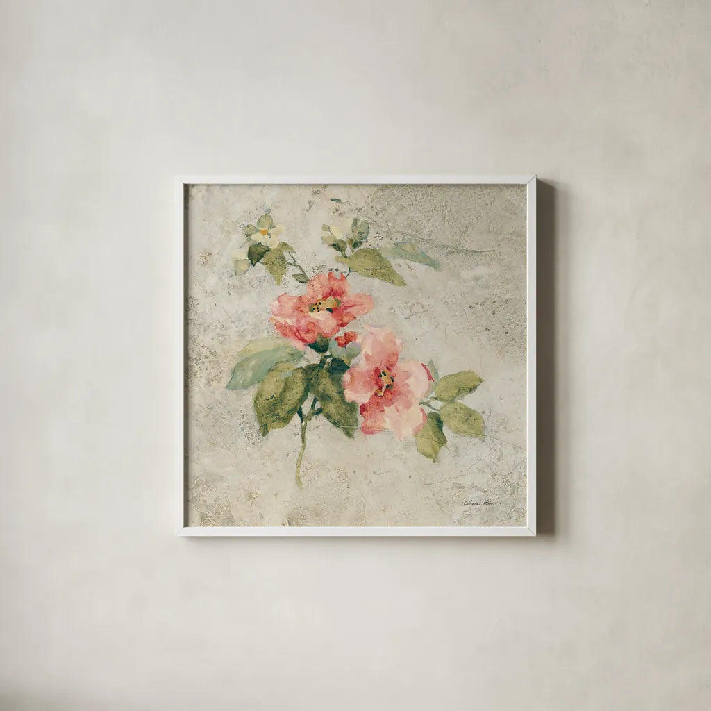 Provence Rose I Red and Neutral by Cheri Blum. Shown in a crisp white glass frame for a clean and minimalist style. Available as an archival giclee rolled canvas, fine art paper, or poster print. SKU 24462a.