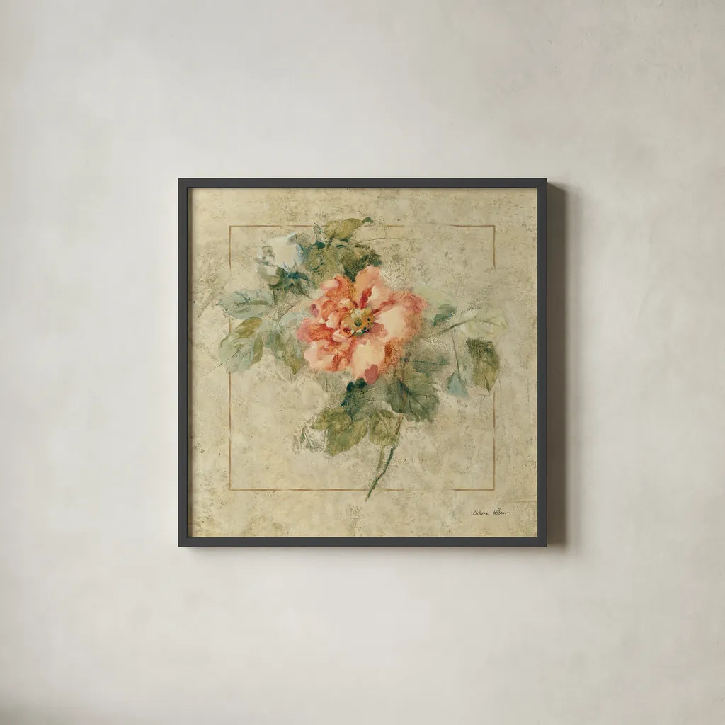 Provence Rose II by Cheri Blum. Shown in a sleek black glass frame for a contemporary gallery look. Available as an archival giclee rolled canvas, fine art paper, or poster print. SKU 8220a.
