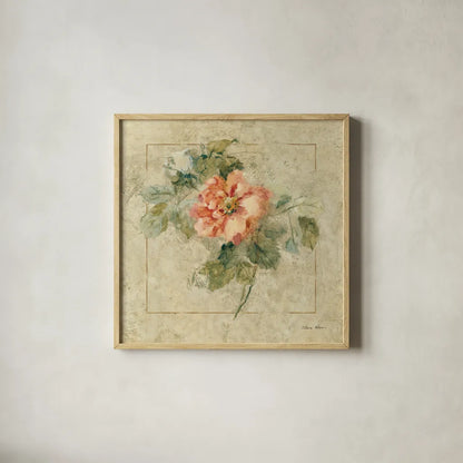 Provence Rose II by Cheri Blum. Shown in a natural wood glass frame for a timeless modern aesthetic. Available as an archival giclee rolled canvas, fine art paper, or poster print. SKU 8220a.