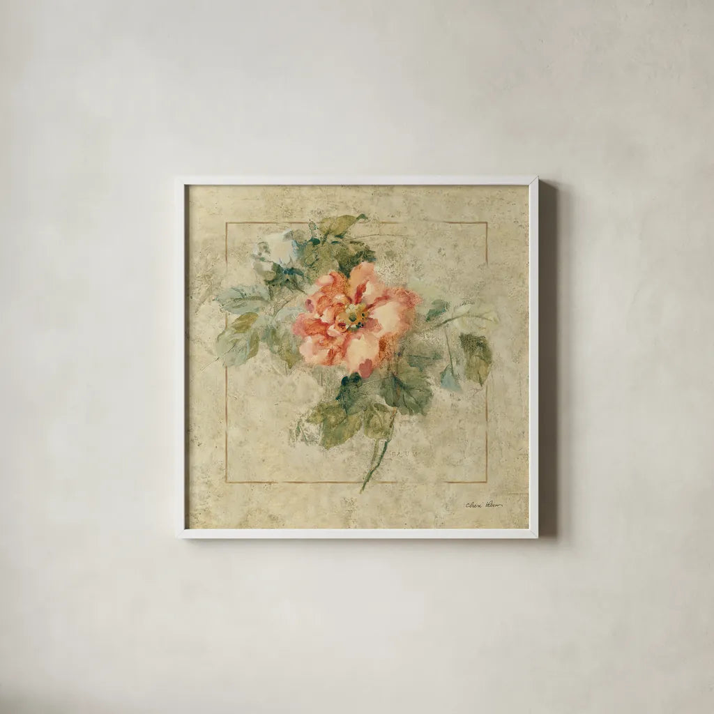 Provence Rose II by Cheri Blum. Shown in a crisp white glass frame for a clean and minimalist style. Available as an archival giclee rolled canvas, fine art paper, or poster print. SKU 8220a.