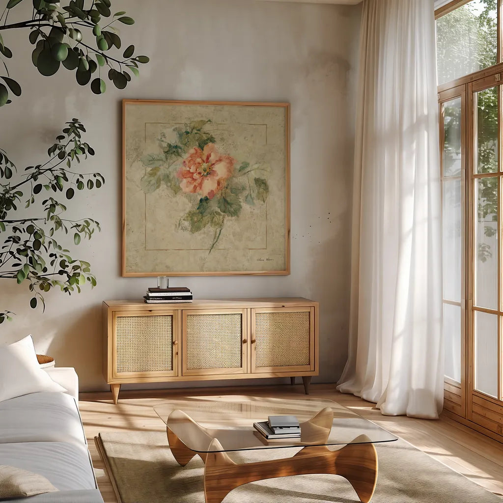 Provence Rose II by Cheri Blum. Shown in a natural wood frame in a cozy modern living room. Available as an archival giclee rolled canvas, fine art paper, or poster print. SKU 8220a.