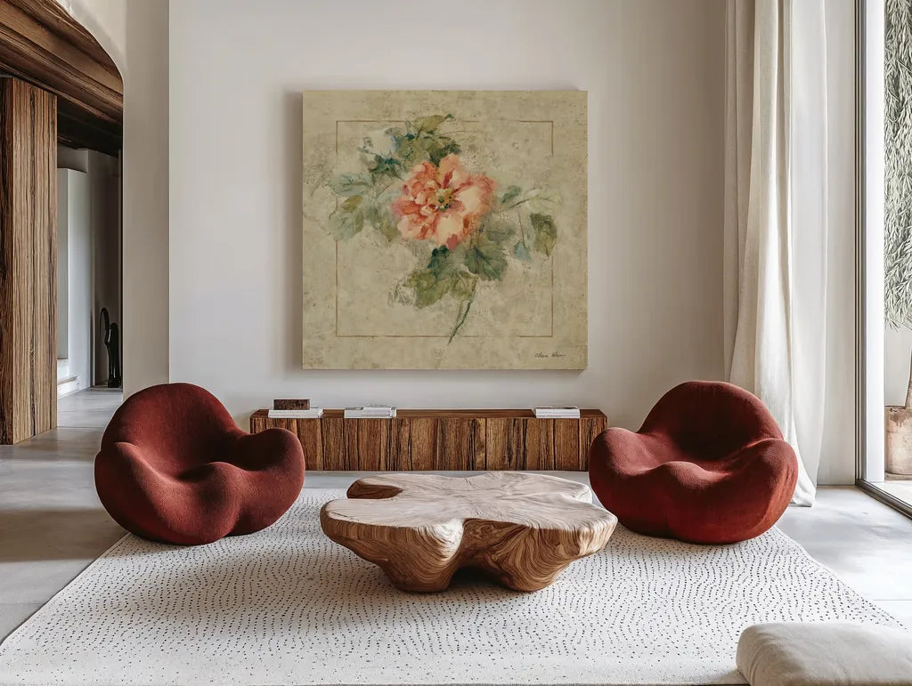 Provence Rose II by Cheri Blum. Shown as extra-large giant wall art in a modern living room. Available as an archival giclee rolled canvas, fine art paper, or poster print. SKU 8220a.
