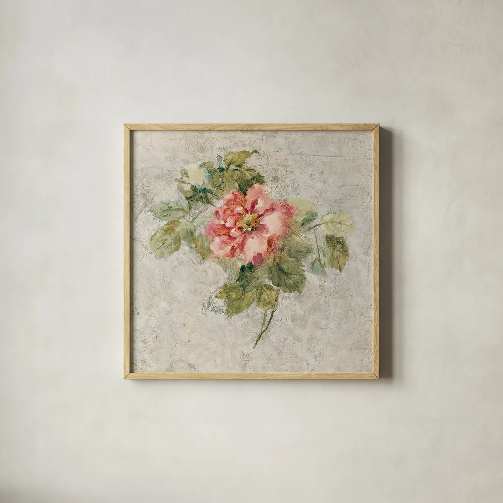 Provence Rose II Red and Neutral by Cheri Blum. Shown in a natural wood glass frame for a timeless modern aesthetic. Available as an archival giclee rolled canvas, fine art paper, or poster print. SKU 24463a.