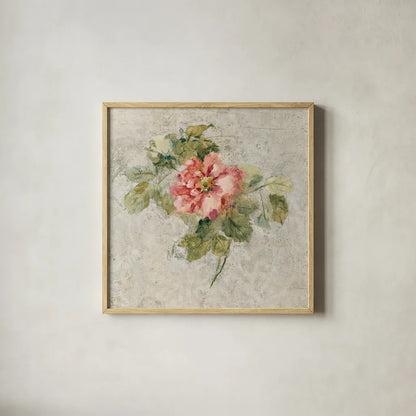 Provence Rose II Red and Neutral by Cheri Blum. Shown in a natural wood glass frame for a timeless modern aesthetic. Available as an archival giclee rolled canvas, fine art paper, or poster print. SKU 24463a.