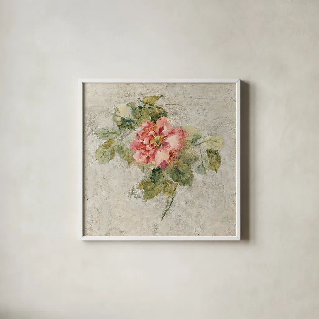 Provence Rose II Red and Neutral by Cheri Blum. Shown in a crisp white glass frame for a clean and minimalist style. Available as an archival giclee rolled canvas, fine art paper, or poster print. SKU 24463a.