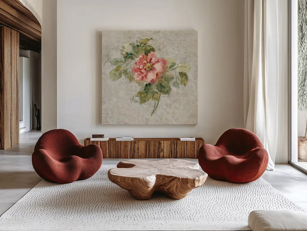 Provence Rose II Red and Neutral by Cheri Blum. Shown as extra-large giant wall art in a modern living room. Available as an archival giclee rolled canvas, fine art paper, or poster print. SKU 24463a.