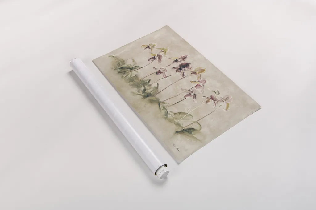 Purple Dancing Orchids by Cheri Blum. shown as a rolled paper print. Available as archival giclee rolled canvas, fine art paper, or poster print. SKU 7421i.