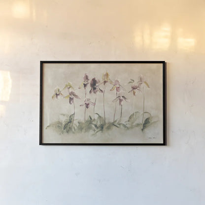 Purple Dancing Orchids by Cheri Blum. shown as a paper print in a black flame. Available as a archival giclee rolled canvas, fine art paper, or poster print. SKU 7421i.