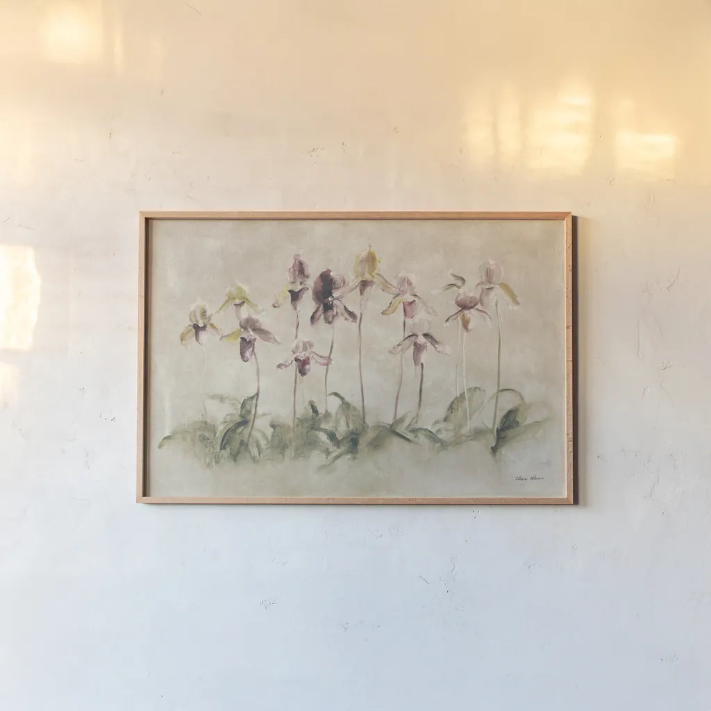 Purple Dancing Orchids by Cheri Blum. shown as a paper print in a natural frame. Available as a archival giclee rolled canvas, fine art paper, or poster print. SKU 7421i.