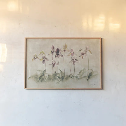Purple Dancing Orchids by Cheri Blum. shown as a paper print in a natural frame. Available as a archival giclee rolled canvas, fine art paper, or poster print. SKU 7421i.