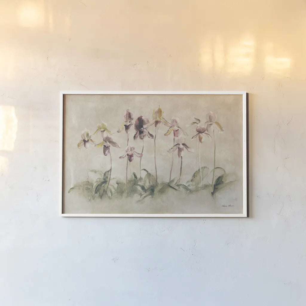 Purple Dancing Orchids by Cheri Blum. shown as a paper print in a white frame. Available as a archival giclee rolled canvas, fine art paper, or poster print. SKU 7421i.