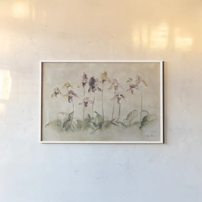 Purple Dancing Orchids by Cheri Blum. shown as a paper print in a white frame. Available as a archival giclee rolled canvas, fine art paper, or poster print. SKU 7421i.