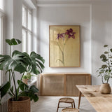 Purple Day Lily by Cheri Blum. shown as a print in a natural wood frame in a dining room. Available as a archival giclee rolled canvas, fine art paper, or poster print. SKU 7538h.