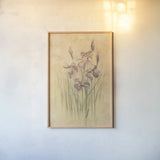 Purple Dream Irises by Cheri Blum. shown as a paper print in a natural frame. Available as a archival giclee rolled canvas, fine art paper, or poster print. SKU 7045h.