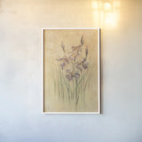 Purple Dream Irises by Cheri Blum. shown as a paper print in a white frame. Available as a archival giclee rolled canvas, fine art paper, or poster print. SKU 7045h.