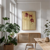 Red Day Lily by Cheri Blum. shown as a print in a natural wood frame in a dining room. Available as a archival giclee rolled canvas, fine art paper, or poster print. SKU 7539h.