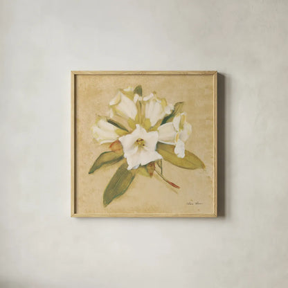 Rhododendron Crop by Cheri Blum. Shown in a natural wood glass frame for a timeless modern aesthetic. Available as an archival giclee rolled canvas, fine art paper, or poster print. SKU 7112a.