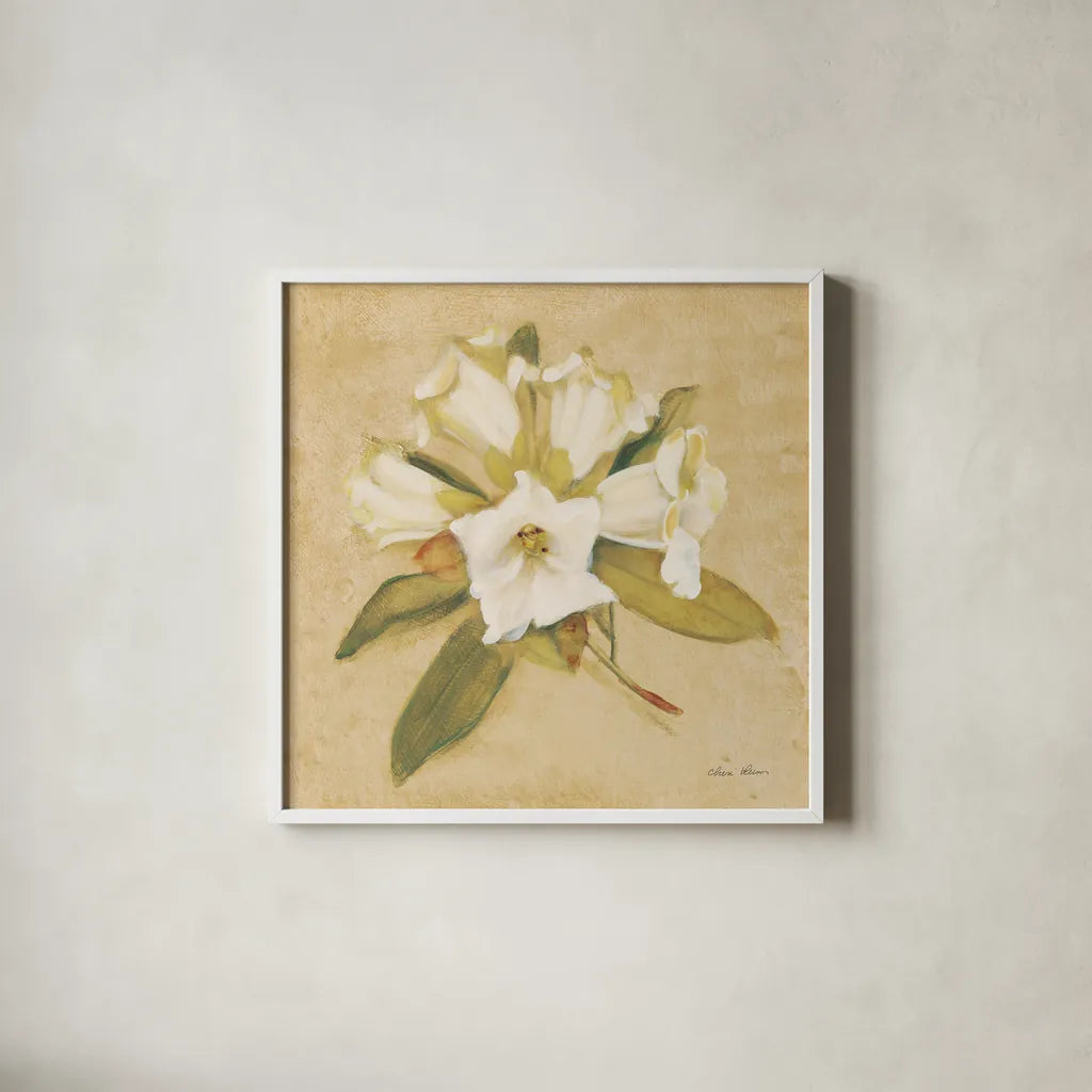 Rhododendron Crop by Cheri Blum. Shown in a crisp white glass frame for a clean and minimalist style. Available as an archival giclee rolled canvas, fine art paper, or poster print. SKU 7112a.