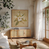Rhododendron Crop by Cheri Blum. Shown in a natural wood frame in a cozy modern living room. Available as an archival giclee rolled canvas, fine art paper, or poster print. SKU 7112a.