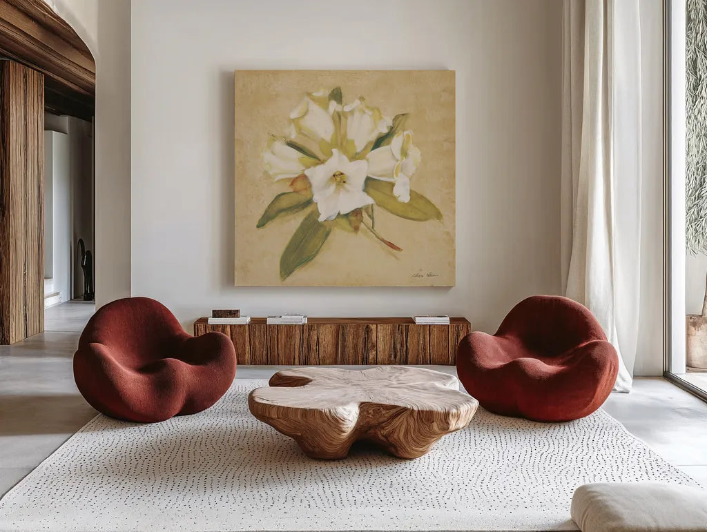 Rhododendron Crop by Cheri Blum. Shown as extra-large giant wall art in a modern living room. Available as an archival giclee rolled canvas, fine art paper, or poster print. SKU 7112a.
