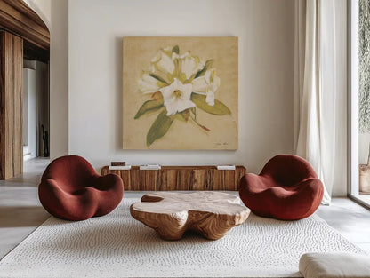 Rhododendron Crop by Cheri Blum. Shown as extra-large giant wall art in a modern living room. Available as an archival giclee rolled canvas, fine art paper, or poster print. SKU 7112a.