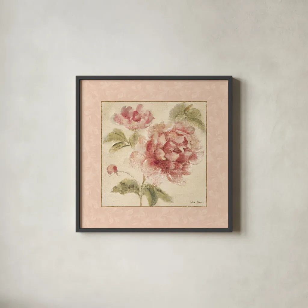 Rose Acanthus I by Cheri Blum. Shown in a sleek black glass frame for a contemporary gallery look. Available as an archival giclee rolled canvas, fine art paper, or poster print. SKU 8111a.