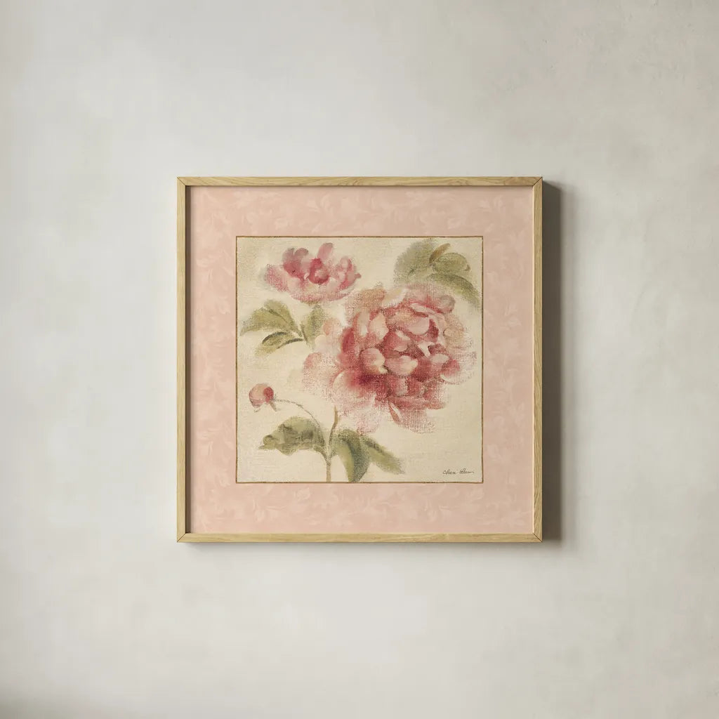 Rose Acanthus I by Cheri Blum. Shown in a natural wood glass frame for a timeless modern aesthetic. Available as an archival giclee rolled canvas, fine art paper, or poster print. SKU 8111a.