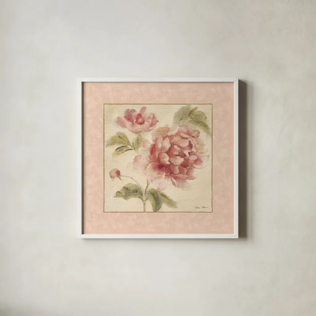Rose Acanthus I by Cheri Blum. Shown in a crisp white glass frame for a clean and minimalist style. Available as an archival giclee rolled canvas, fine art paper, or poster print. SKU 8111a.