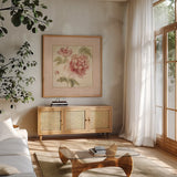 Rose Acanthus I by Cheri Blum. Shown in a natural wood frame in a cozy modern living room. Available as an archival giclee rolled canvas, fine art paper, or poster print. SKU 8111a.