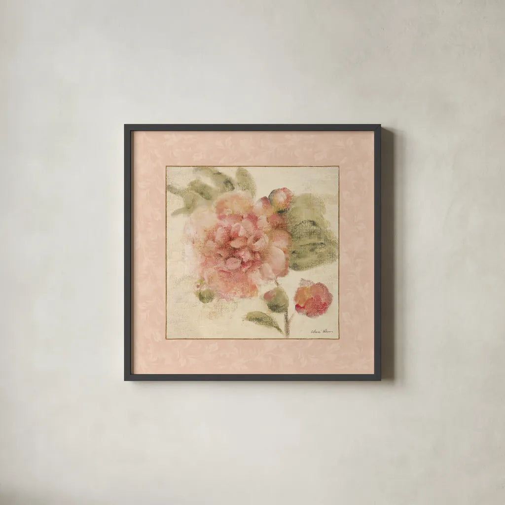 Rose Acanthus II by Cheri Blum. Shown in a sleek black glass frame for a contemporary gallery look. Available as an archival giclee rolled canvas, fine art paper, or poster print. SKU 8112a.