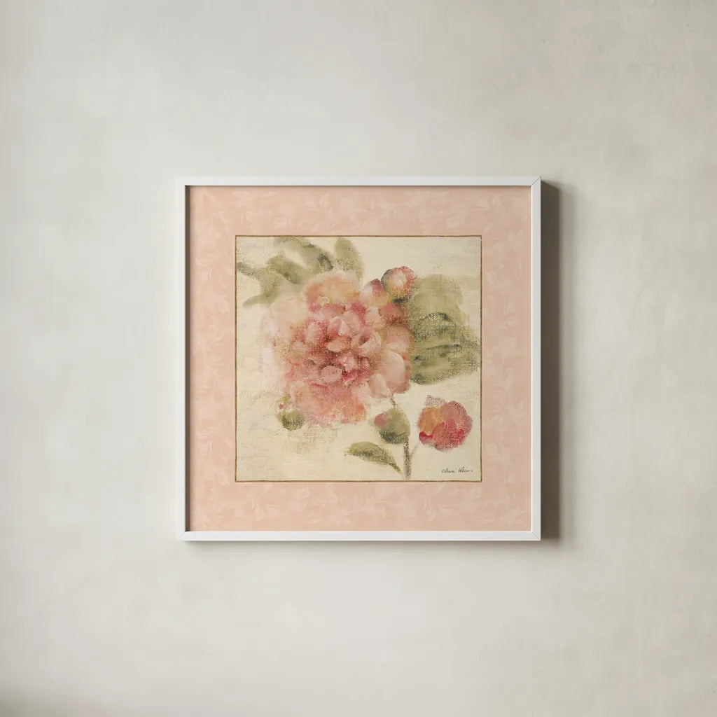 Rose Acanthus II by Cheri Blum. Shown in a crisp white glass frame for a clean and minimalist style. Available as an archival giclee rolled canvas, fine art paper, or poster print. SKU 8112a.