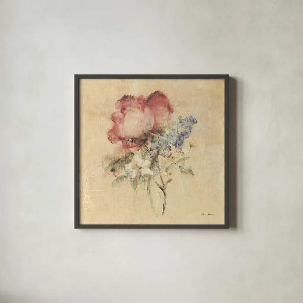 Rose Nosegay by Cheri Blum. Shown in a sleek black glass frame for a contemporary gallery look. Available as an archival giclee rolled canvas, fine art paper, or poster print. SKU 88375a.