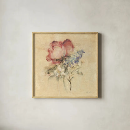 Rose Nosegay by Cheri Blum. Shown in a natural wood glass frame for a timeless modern aesthetic. Available as an archival giclee rolled canvas, fine art paper, or poster print. SKU 88375a.