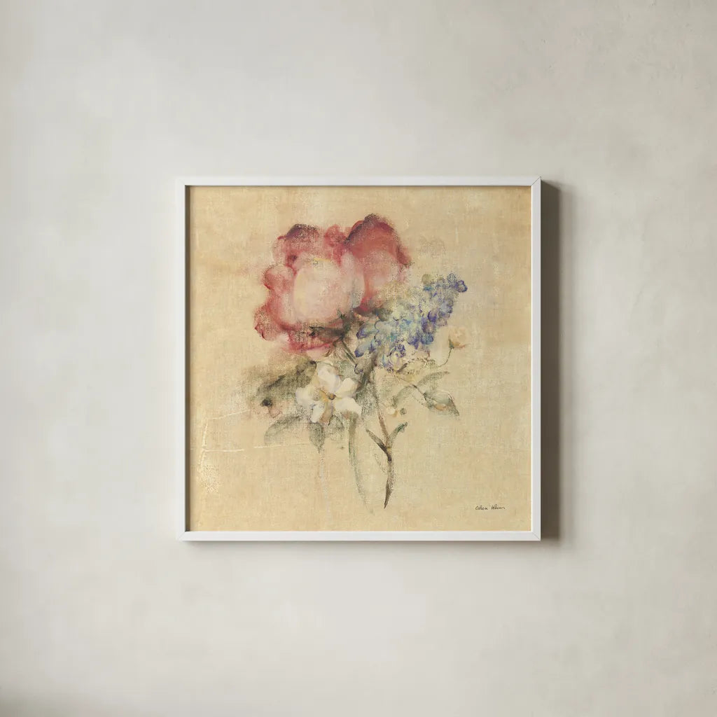 Rose Nosegay by Cheri Blum. Shown in a crisp white glass frame for a clean and minimalist style. Available as an archival giclee rolled canvas, fine art paper, or poster print. SKU 88375a.